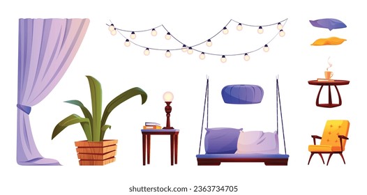 Terrace or garden furniture cartoon set. Patio and backyard elements - armchair and swing, ottoman and pillows, tables with books and cup of tea, potted plant, curtain and garland with light bulbs.