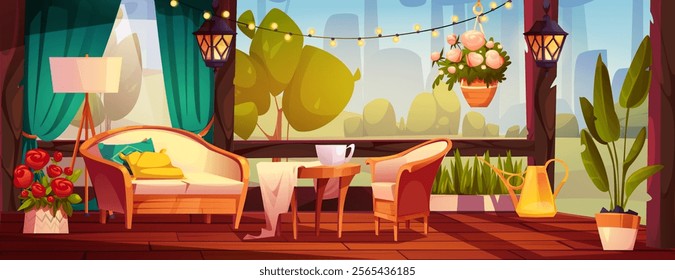 Terrace garden patio setting with cozy furniture, decorative lighting, potted plants. Summer scene with cushioned sofa and armchair, wooden table, string lights. Cozy country outdoor relaxing space.