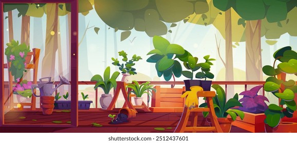 Terrace garden in summer morning. Vector cartoon illustration of house patio in forest, green plants and flowers in clay pots on wooden shelves, glass door, spilled ground on floor, gardening hobby