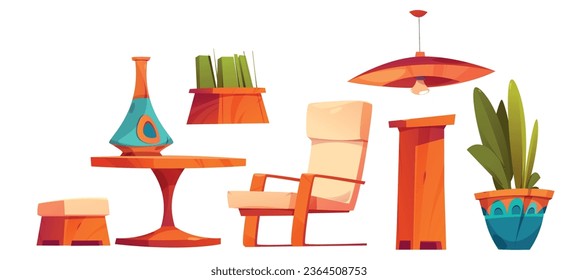 Terrace home interior and garden furniture vector set. Summer balcony design isolated object. Comfortable house patio or backyard decoration. Homey cozy green plant, armchair and table clipart