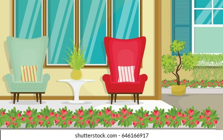 Terrace House with Sofa and Flowers Pot.Cozy Patio Furniture and House Exterior Vector Illustration.