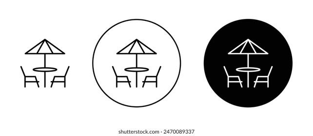 Terrace icon set. outside dining cafe table vector symbol. rooftop restaurant chair and table sign in filled and outlined style.