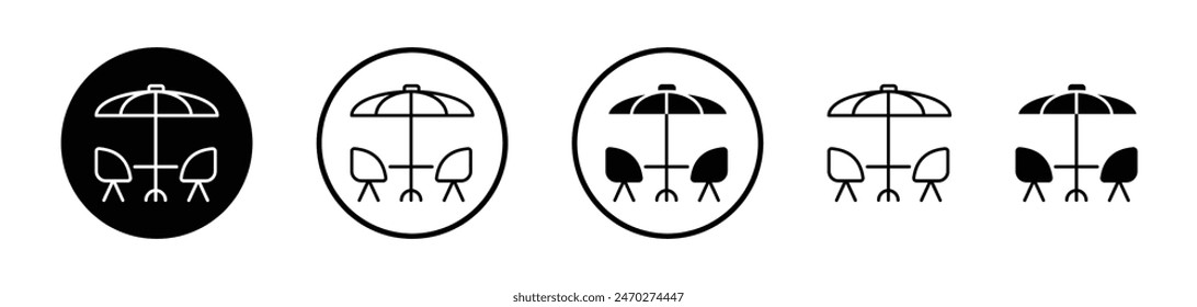 Terrace icon set. Outside dining cafe table vector symbol in rooftop restaurant chair and table sign style.