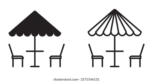 Terrace icon set. Outside dining cafe table vector symbol in rooftop restaurant chair and table sign style.