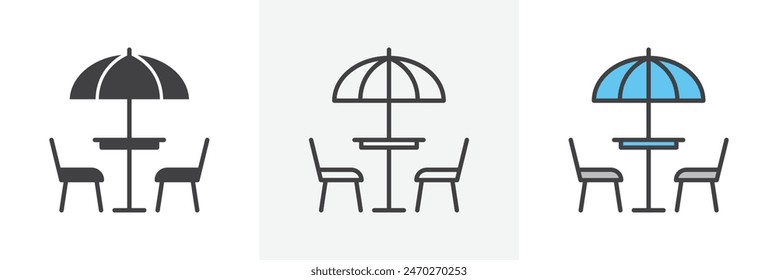 Terrace icon set. Vector symbol of outdoor dining cafe table in rooftop restaurant.