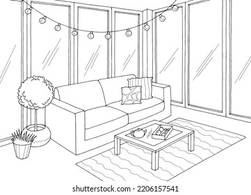 Terrace interior graphic black white sketch illustration vector 