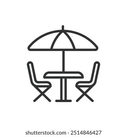 Terrace, in line design. Terrace, balcony, outdoor space, patio, rooftop, seating area, veranda on white background vector. Terrace editable stroke icon.