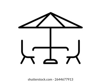 Terrace line icon. Two chairs, table, umbrella. Vacation cafe concept. Tourism travel idea. Tropical destination. Restaurant at the beach sign. Leisure and relaxation. Outline. Vector illustration. 