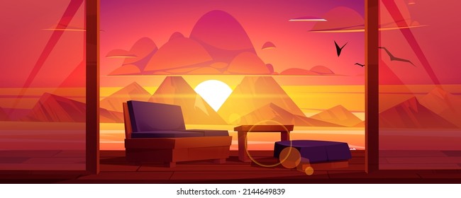 Terrace with mountain lake view at sunset. Scenery landscape view from villa or hotel patio with sofa, ottoman and table stand on wooden platform with nature background, Cartoon vector illustration