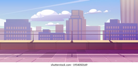 Terrace on rooftop with city view. Empty patio on roof or balcony with railing on background of cityscape with modern buildings and skyscrapers. Vector cartoon illustration of house terrace in town