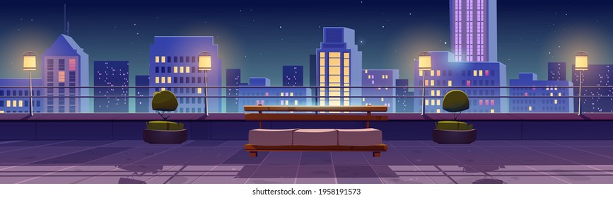 Terrace on rooftop with city view at night. Patio on roof or balcony with sofa, plants, lamps and railing on background of cityscape with modern buildings. Vector cartoon house terrace for relax