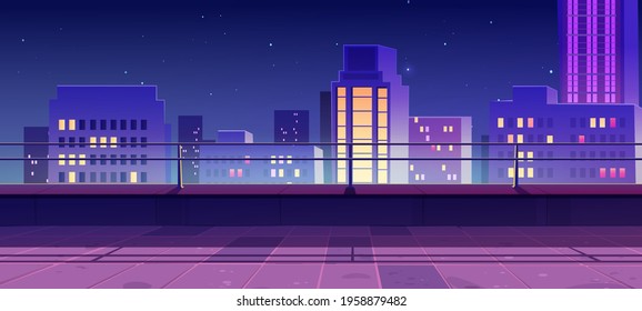 Terrace on rooftop with city view at night. Empty patio on roof or balcony with railing on background of cityscape with modern buildings and skyscrapers. Vector cartoon house terrace in town