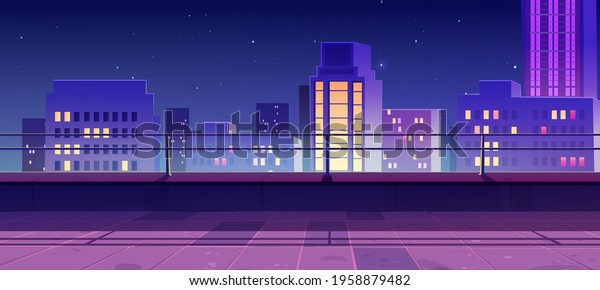 Terrace\
on rooftop with city view at night. Empty patio on roof or balcony\
with railing on background of cityscape with modern buildings and\
skyscrapers. Vector cartoon house terrace in\
town