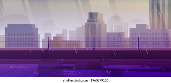 Terrace on rooftop at rainy dull weather, city view from empty patio on roof with puddles, balcony on cityscape background with modern buildings and skyscrapers under rain, Cartoon vector illustration