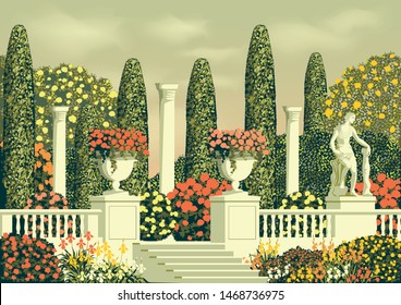 Terrace in the Park with flower beds, statue, columns and trees in the background. Hand drawing vector illustration. Can be used for books, illustrations.