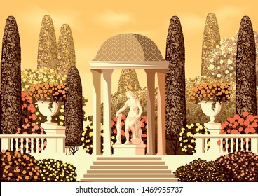 Terrace in the Park with flower beds, statue, columns and trees in the background. Hand drawing vector illustration. Can be used for books, illustrations.