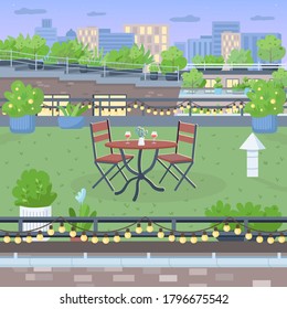 Terrace for romantic dinner flat color vector illustration. Furniture on rooftop yard. Table and chairs for dining date. Urban garden 2D cartoon landscape with cityscape on background