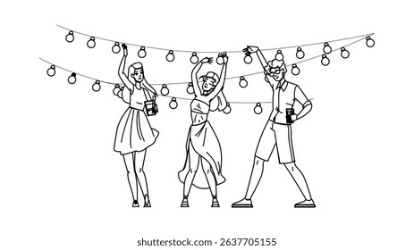 terrace rooftop party vector. happy lifestyle, food restaurant, summer sunset terrace rooftop party character. people black line pencil drawing illustration