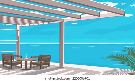 Terrace with sea view. Vacation and relaxation concept. Vector cartoon illustration of house patio or hotel with chairs and table.