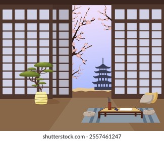 Terrace with view of mountains and temple. Cherry blossoms, Desk with writing utensils. Seat cushions. Oriental interior. Vector illustration