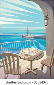 Terrace where quiet fishing port in the Mediterranean sea is wanted