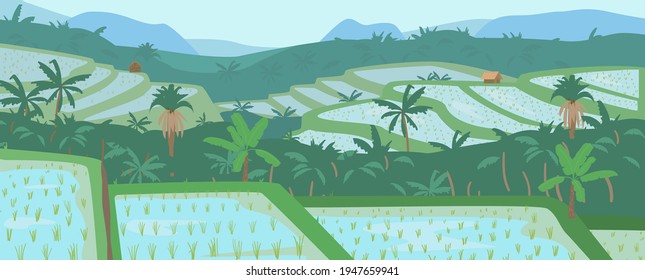 Terraced Asian Rice Fields In Mountains Landscape. Traditional Agriculture. Vector Illustration.