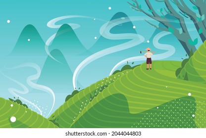 Terraced Fields Landscape Rural Pastoral Illustration Farmland Tea Garden Harvest Season Poster