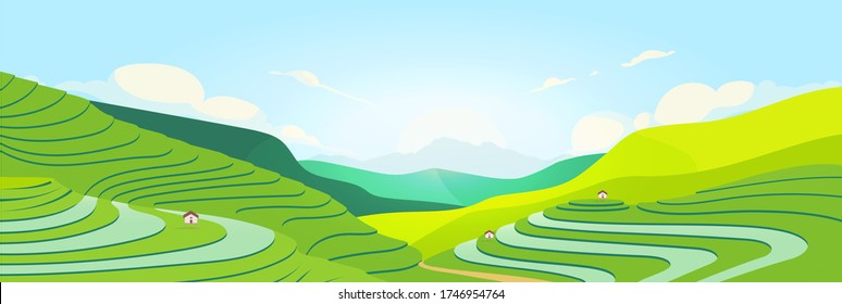 Terraced fields at sunset flat color vector illustration. Chinese farmland. Tea plantations 2D cartoon landscape with mountains on background. Asian meadow. Agricultural area