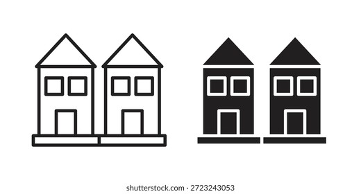 Contorno del icono de las casas adosadas y signo de Vector sólido, pictogramas lineales