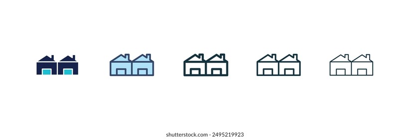 Terraced Houses vector icon set black filled and outlined style.