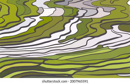 Terraced rice paddy field landscape. Rice terrace fields, vector landscape illustration. Asian harvesting agriculture vintage background. China, Vietnam, Indonesia, India rural nature view.