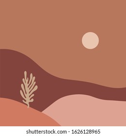 Terracotta abstract modern minimalistic landscape. Digital contemporary art print. Burnt orange trendy warm color palette. Summer illustration, editable vector file