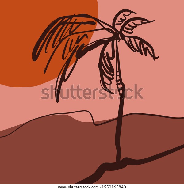 Terracotta Abstract Modern Minimalistic Landscape Digital Painting Fashion Palm Tropical Style Color Liquid Shapes Abstraction Poster Contemporary Print Burnt Orange Vector Illustration