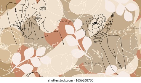 Terracotta abstract seamless pattern. One line continuous woman body, flowers, leaves and various trendy shapes. Texture for textile, packaging, wrapping paper, social media post etc. Vector.