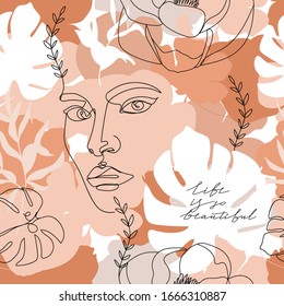 Terracotta abstract seamless pattern. One line continuous woman face, flowers, leaves, phrase and various trendy shapes. Texture for textile, packaging, wrapping paper, social media post etc. Vector.