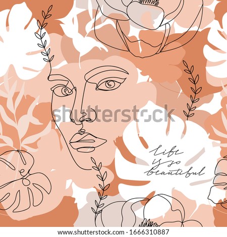 Terracotta abstract seamless pattern. One line continuous woman face, flowers, leaves, phrase and various trendy shapes. Texture for textile, packaging, wrapping paper, social media post etc. Vector.
