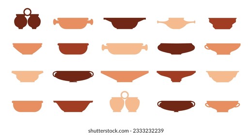 Terracotta alte Platten Set. Silhouette Sammlung von Symbolen. VektorTöpferiensymbole für Design. Keramiktopf. Retro Keramikküche im Boho-Stil. Clay-Produkte im traditionellen Stil