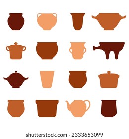 Terracotta ancient vases and jugs set. Silhouette collection of icons with jur. Vector pottery icons for design. Ceramic pot set. Retro ceramic vases in boho style. Clay products in traditional style