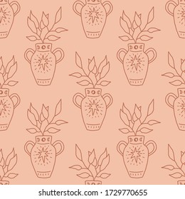 Terracotta antique vase with plant. Line art illustration. Seamless pattern in vector.