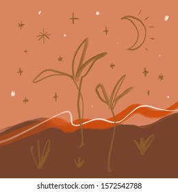 Terracotta Art Print Abstract Modern Palm Landscape Desert Digital Painting Style Color Abstraction Poster Contemporary Print Burnt Orange Vector Illustration Clipart