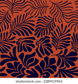 Terracotta brown abstract background with tropical palm leaves in Matisse style. Vector seamless pattern with Scandinavian cut out elements.
