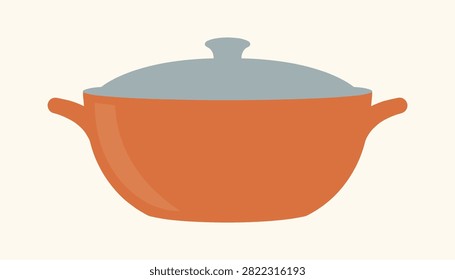 Terracotta ceramic cooking pot with a light gray lid and dual side handles isolated on a soft off-white background.