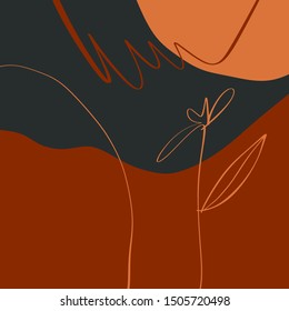 Terracotta Floral Line Art Print Abstract Modern Digital Painting Fashion Scandinavian Style Color Liquid Shapes Abstraction Poster Contemporary Print Burnt Orange Vector Illustration Clipart