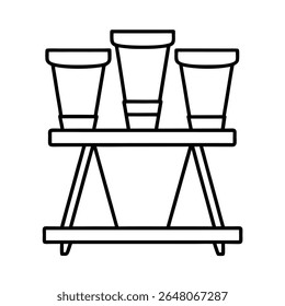 Terracotta flower pots on wooden stand clean line scene Vector illustration