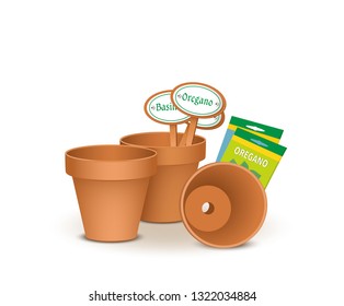 Terracotta flower pots with signs and seeds,
Plant garden herbs in clay pots,
Vector illustration isolated on white background