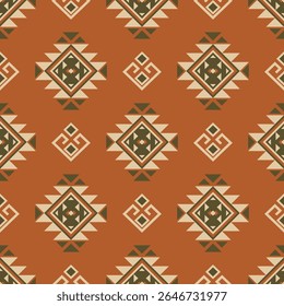 Terracotta geometric southwest seamless pattern with tribal diamond and ethnic motifs, perfect for fabric, textile, backgrounds, and home decor in warm earthy tones.