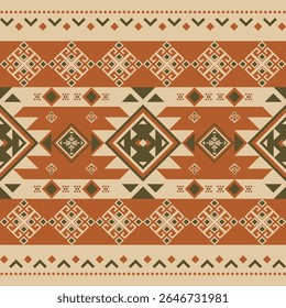 Terracota geométrica sudoeste padrão sem emenda com diamantes tribais e motivos étnicos, perfeito para tecido, têxtil, fundos e decoração de casa em tons terrosos quentes.
