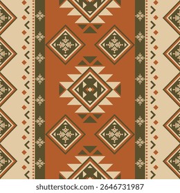Terracotta geometric southwest seamless pattern with tribal diamond and ethnic motifs, perfect for fabric, textile, backgrounds, and home decor in warm earthy tones.