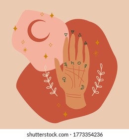 Terracotta modern palmistry isolated vector illustration. Earthy colors, pink, moon, mystic, magic, witchcraft divination greeting card, poster, print.