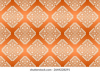Terracotta Orange Ethnic Geometric Seamless Pattern. Ideal for fashion, apparel, textiles, and backgrounds, blending traditional motifs with modern pixel art.